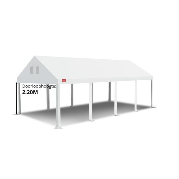 Dit dakdoek is brandvertragend gecertificeerd, heeft koperen zeilringen in het dak zitten en is volledig gemaakt van waterdicht pvc. De doorloophoogte van dit dak is 2.20 meter en er zijn 10 legcovers inbegrepen.