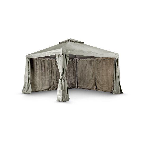 Het Grizzly Europe paviljoen 3,5x3,5 meter bevat vier muskiettennetten en vier zijwanden om in elkaar te ritsen. Ook zit er een windvanger bij het paviljoen. De zijwanden gaan buitenom de palen heen.