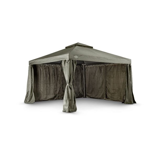 Het Grizzly Europe paviljoen 3,5x3,5 meter bevat vier muskiettennetten en vier zijwanden om in elkaar te ritsen. Ook zit er een windvanger bij het paviljoen. De zijwanden gaan buitenom de palen heen.