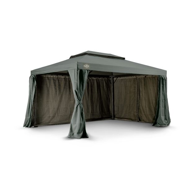 Het Grizzly Europe paviljoen 3x4 meter bevat vier muskiettennetten en vier zijwanden om in elkaar te ritsen. Ook zit er een windvanger bij het paviljoen. De zijwanden gaan buitenom de palen heen.