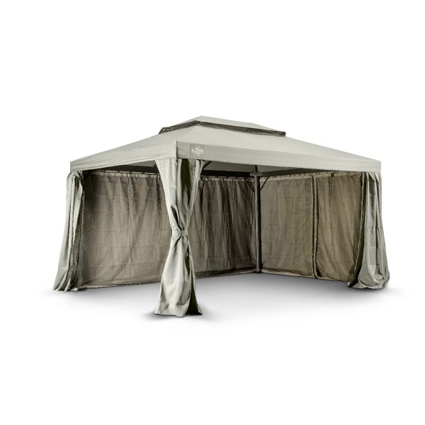 Het Grizzly Europe paviljoen 3x4 meter bevat vier muskiettennetten en vier zijwanden om in elkaar te ritsen. Ook zit er een windvanger bij het paviljoen. De zijwanden gaan buitenom de palen heen.