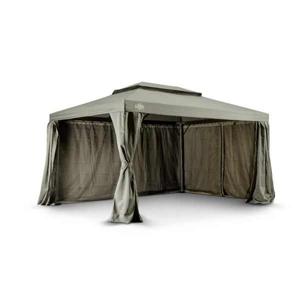 Het Grizzly Europe paviljoen 3x4 meter bevat vier muskiettennetten en vier zijwanden om in elkaar te ritsen. Ook zit er een windvanger bij het paviljoen. De zijwanden gaan buitenom de palen heen.