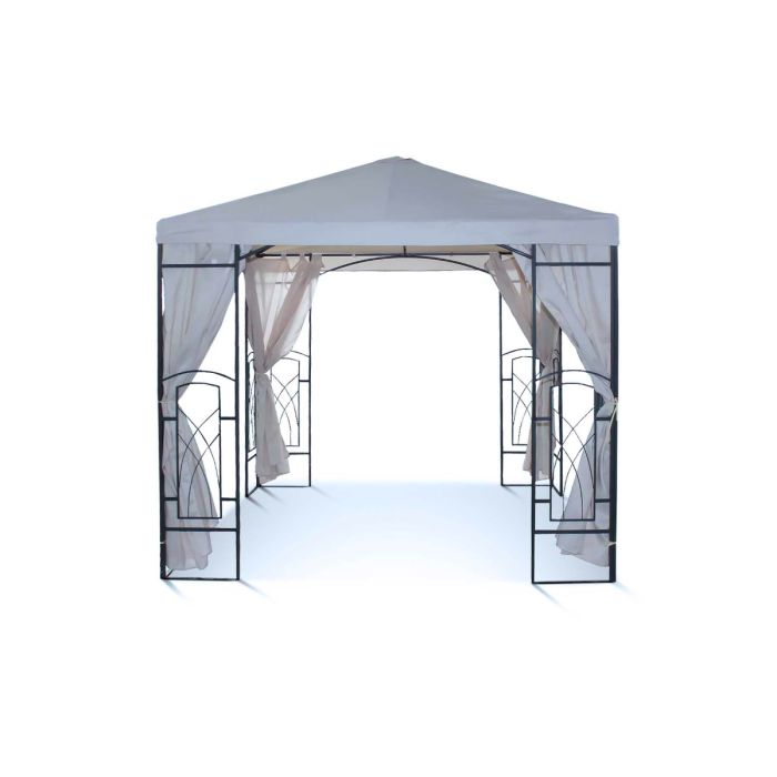 Het beauty tuinpaviljoen heeft een antraciet kleur met vastgebonden gordijnen op de hoeken. De zijwanden lopen aan de binnenkant van het frame, het frame bevat geen windvanger.