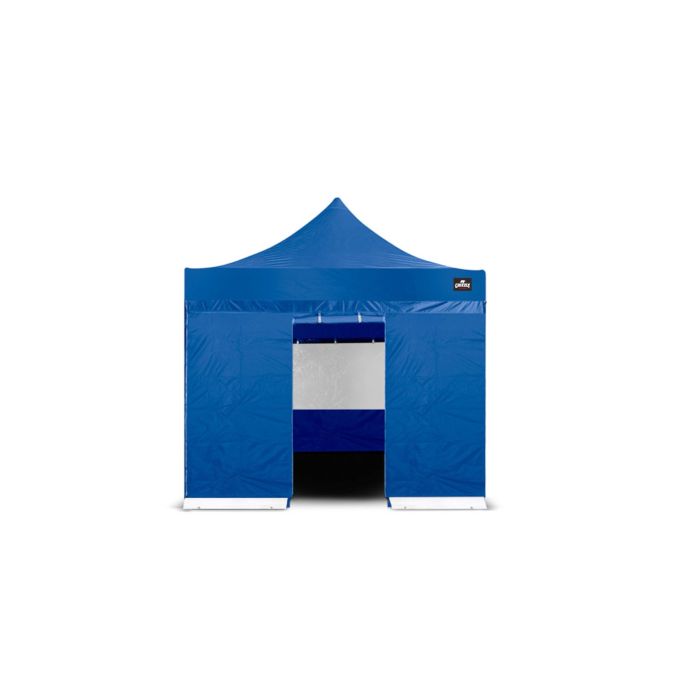 Zijwand 3 meter blauw met ingang. Tochtflap is wit gekleurd. ingang is open en flap voor ingang is opgerold.