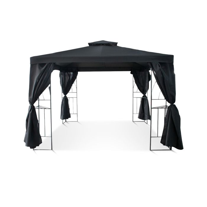Dit graciosa paviljoen is in de antraciet kleur en heeft een windvanger. Verder gaan de zijwanden van dit 3x3 paviljoen rondom het frame. Dit betekent dus als de zijwanden dicht zijn, het frame aan de binnenkant zit.