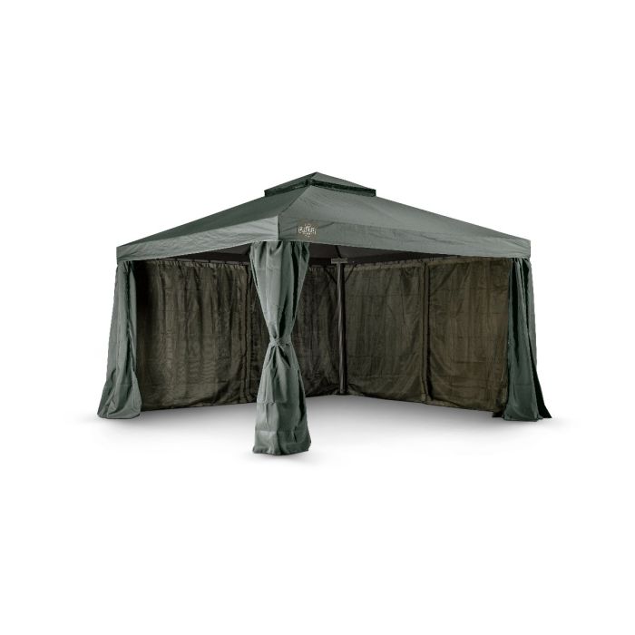 Het Grizzly Europe paviljoen 3,5x3,5 meter bevat vier muskiettennetten en vier zijwanden om in elkaar te ritsen. Ook zit er een windvanger bij het paviljoen. De zijwanden gaan buitenom de palen heen.