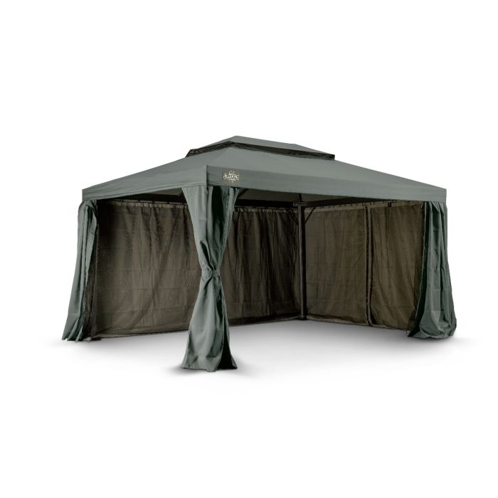 Het Grizzly Europe paviljoen 3x4 meter bevat vier muskiettennetten en vier zijwanden om in elkaar te ritsen. Ook zit er een windvanger bij het paviljoen. De zijwanden gaan buitenom de palen heen.