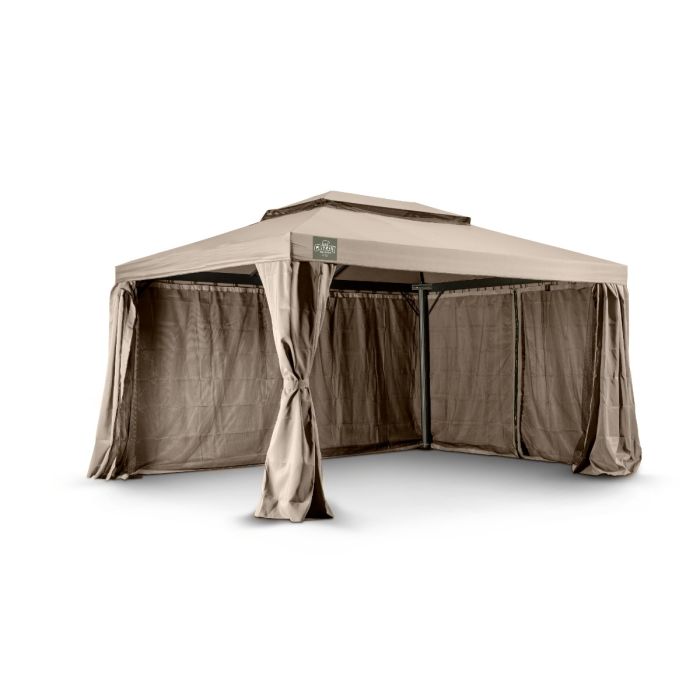 Het Grizzly Europe paviljoen 3,5x3,5 meter bevat vier muskiettennetten en vier zijwanden om in elkaar te ritsen. Ook zit er een windvanger bij het paviljoen. De zijwanden gaan buitenom de palen heen.