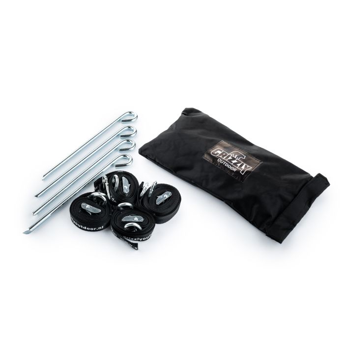spanbandenset voor de easy-up tent. Bevat: 4 haringen en 4 spanbanden met klemgesp en karabijnhaken.
