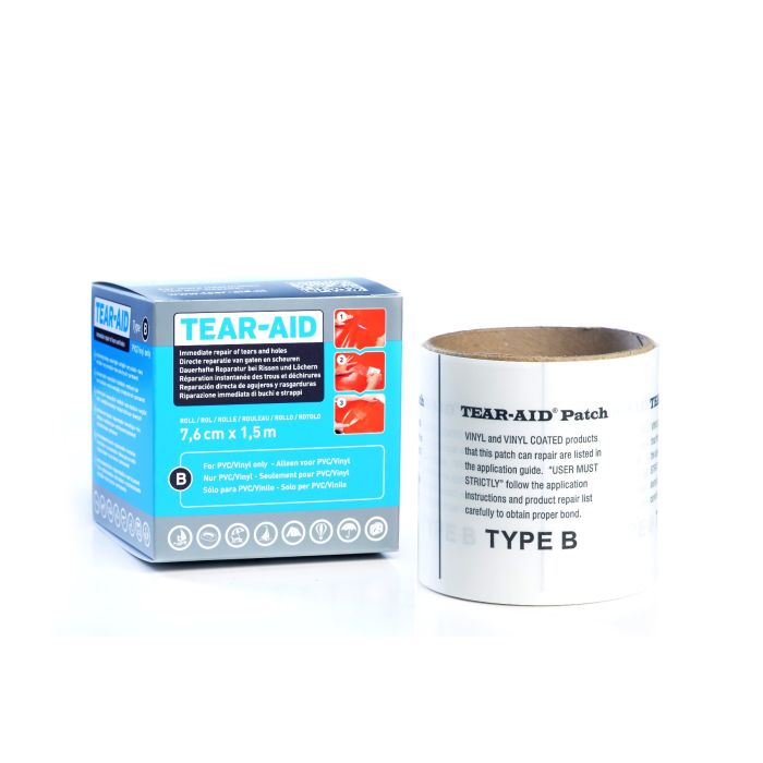 Tear aid rol type B komt met een rol om alle scheuren en gaten in pvc materiaal te dichten. De rol heeft een dikte van 7.6centimeter x 1,5 meter