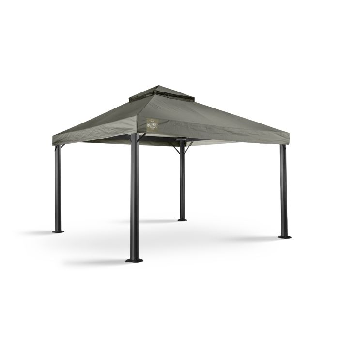 Dit grizzly europe paviljoen heeft geen zijwanden. Wel zit er een windvanger in. Ook zit tussen elke hoek en ligger een schoor, om te zorgen dat het paviljoen steviger staat. Het paviljoen heeft ronde poten.