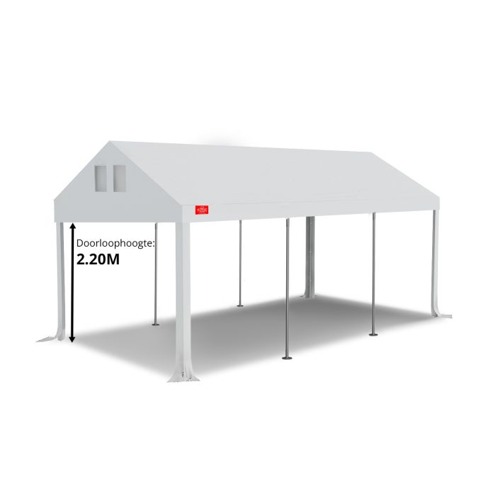 Dit dakdoek is brandvertragend gecertificeerd, heeft koperen zeilringen in het dak zitten en is volledig gemaakt van waterdicht pvc. De doorloophoogte van dit dak is 2.20 meter en er zijn 4 legcovers inbegrepen.