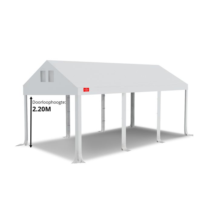 Dit dakdoek is brandvertragend gecertificeerd, heeft koperen zeilringen in het dak zitten en is volledig gemaakt van waterdicht pvc. De doorloophoogte van dit dak is 2.20 meter en er zijn 8 legcovers inbegrepen.