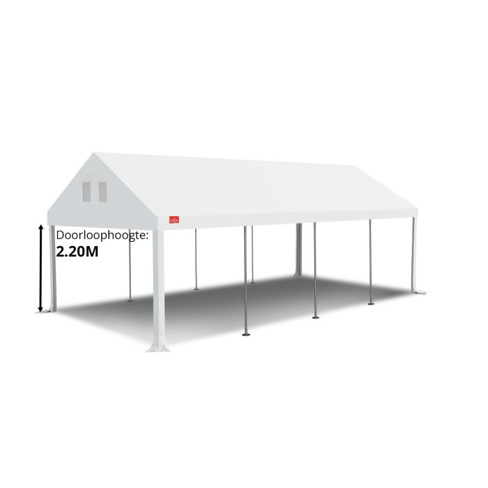 Dit dakdoek is brandvertragend gecertificeerd, heeft koperen zeilringen in het dak zitten en is volledig gemaakt van waterdicht pvc. De doorloophoogte van dit dak is 2.20 meter en er zijn 4 legcovers inbegrepen.