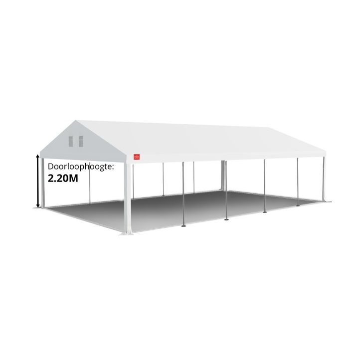 Dit dakdoek is brandvertragend gecertificeerd, heeft koperen zeilringen in het dak zitten en is volledig gemaakt van waterdicht pvc. De doorloophoogte van dit dak is 2.20 meter en er zijn 4 legcovers inbegrepen.