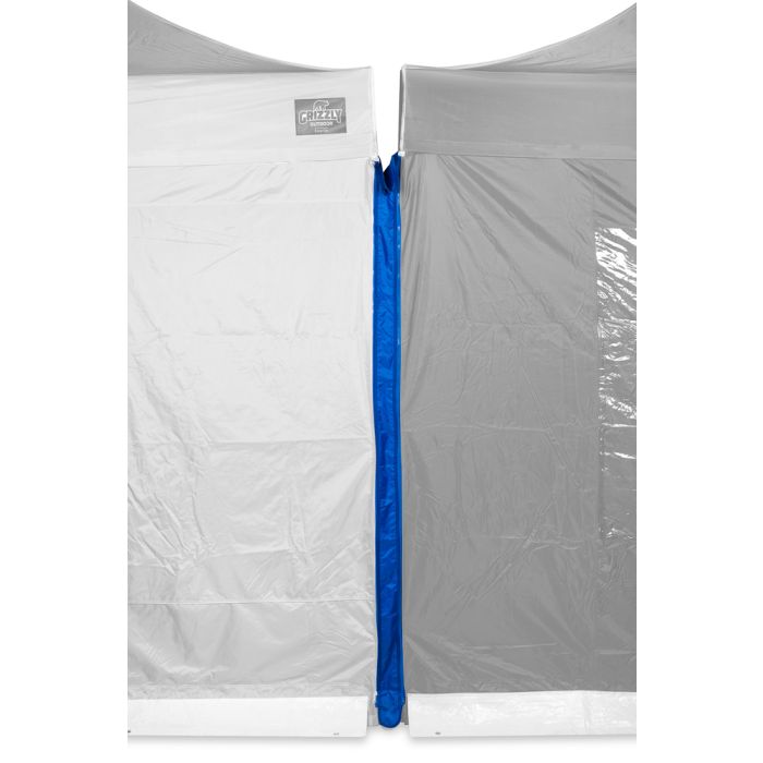 verbindingspaneel in de blauwe kleur zit verbonden tussen twee zijwanden van tenten ingeritst.
