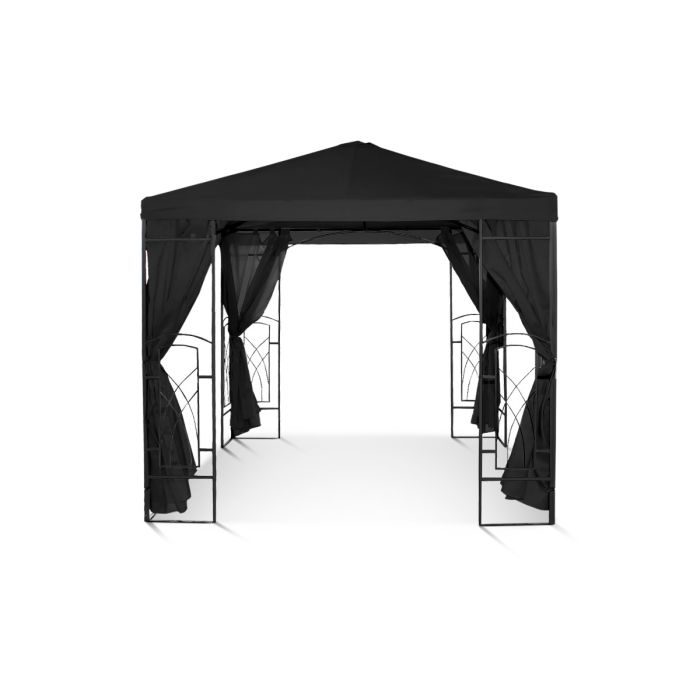 Het beauty tuinpaviljoen heeft een antraciet kleur met vastgebonden gordijnen op de hoeken. De zijwanden lopen aan de binnenkant van het frame, het frame bevat geen windvanger.