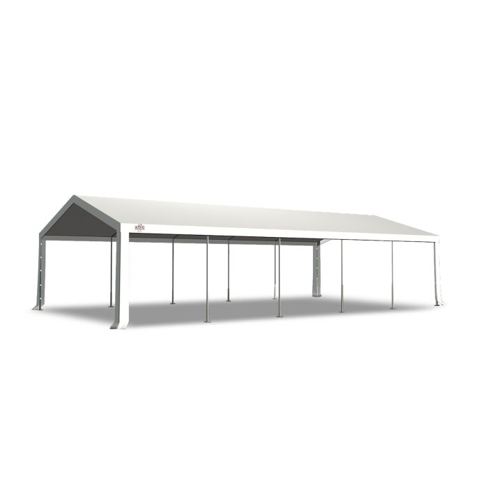 Dit dakdoek is brandvertragend gecertificeerd, heeft koperen zeilringen in het dak zitten en is volledig gemaakt van waterdicht pvc. De doorloophoogte van dit dak is 2.20 meter en er zijn 12 legcovers inbegrepen.