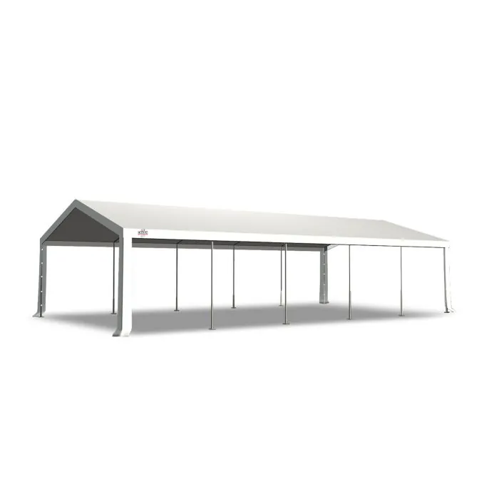 Dit dakdoek is brandvertragend gecertificeerd, heeft koperen zeilringen in het dak zitten en is volledig gemaakt van waterdicht pvc. De doorloophoogte van dit dak is 2.20 meter en er zijn 12 legcovers inbegrepen.