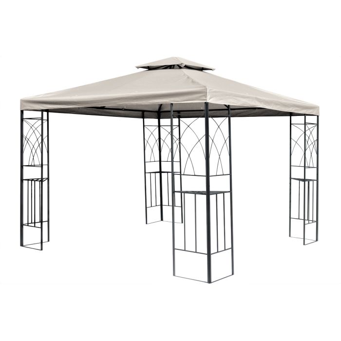 Het graciosa 3x3 paviljoen zonder zijwanden heeft een sierlijk patroon in het frame verworven gekregen. Elke poot is een hoek waar een bijgeleverd rekje extra ruimte geeft.