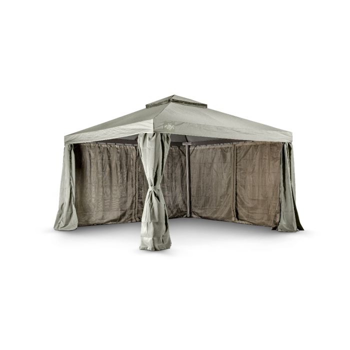 Het Grizzly Europe paviljoen 3,5x3,5 meter bevat vier muskiettennetten en vier zijwanden om in elkaar te ritsen. Ook zit er een windvanger bij het paviljoen. De zijwanden gaan buitenom de palen heen.