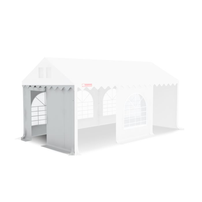 Kops paneel met ingang voor Partytent PVC, De ingang is open te ritsen en onderin bevat de ingang een tochtflap.