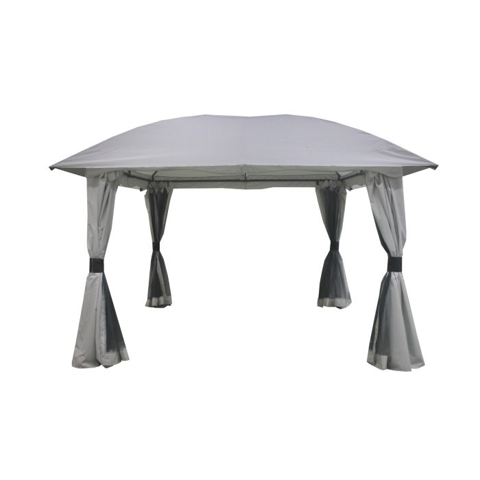 Het lindo paviljoen heeft een bolachtig formaat met geen echte piek aan de bovenkant. De bollingen geven een andere look aan deze tent. Dit paviljoen heeft een oversteek aan de uiteindes wat voor het 3.5x3.5 formaat zorgt.