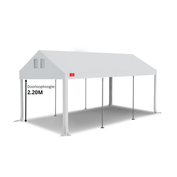 Dit dakdoek is brandvertragend gecertificeerd, heeft koperen zeilringen in het dak zitten en is volledig gemaakt van waterdicht pvc. De doorloophoogte van dit dak is 2.20 meter en er zijn 4 legcovers inbegrepen.