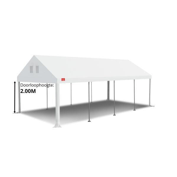 Dit dakdoek is brandvertragend gecertificeerd, heeft koperen zeilringen in het dak zitten en is volledig gemaakt van waterdicht pvc. De doorloophoogte van dit dak is 2.00 meter en er zijn 4 legcovers inbegrepen.