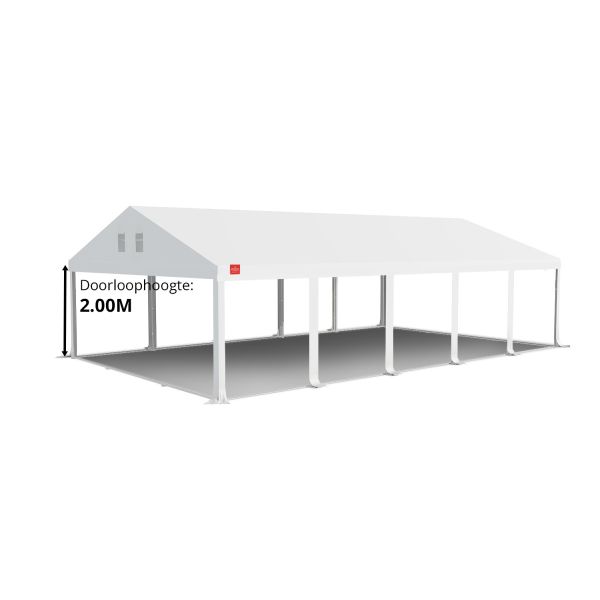 Dit dakdoek is brandvertragend gecertificeerd, heeft koperen zeilringen in het dak zitten en is volledig gemaakt van waterdicht pvc. De doorloophoogte van dit dak is 2.00 meter en er zijn 12 legcovers inbegrepen.