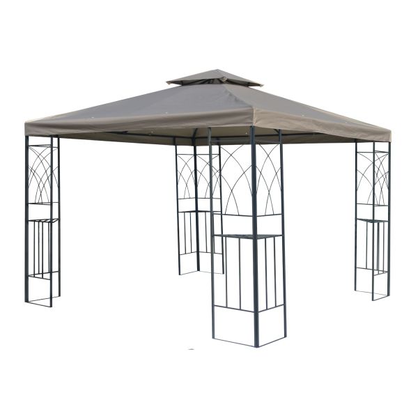 Het graciosa 3x3 paviljoen zonder zijwanden heeft een sierlijk patroon in het frame verworven gekregen. Elke poot is een hoek waar een bijgeleverd rekje extra ruimte geeft.