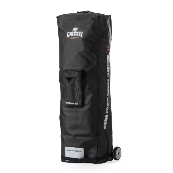 Een tas met wielen die om een frame heen gewikkeld kan worden, waardoor het frame beschermd is tegen wind en weer.