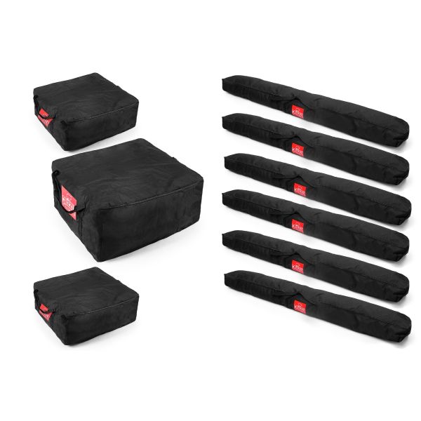 Tassenset voor 6x10 partytent. Bevat: 2x 70x70cm tas. 1x 90x90cm tas. 6x 220cm tas.