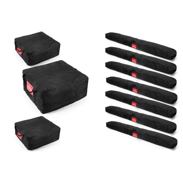 Tassenset voor 6x12 partytent. Bevat: 2x 70x70cm tas. 1x 90x90cm tas. 7x 220cm tas.